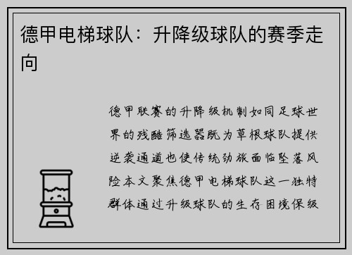 德甲电梯球队：升降级球队的赛季走向